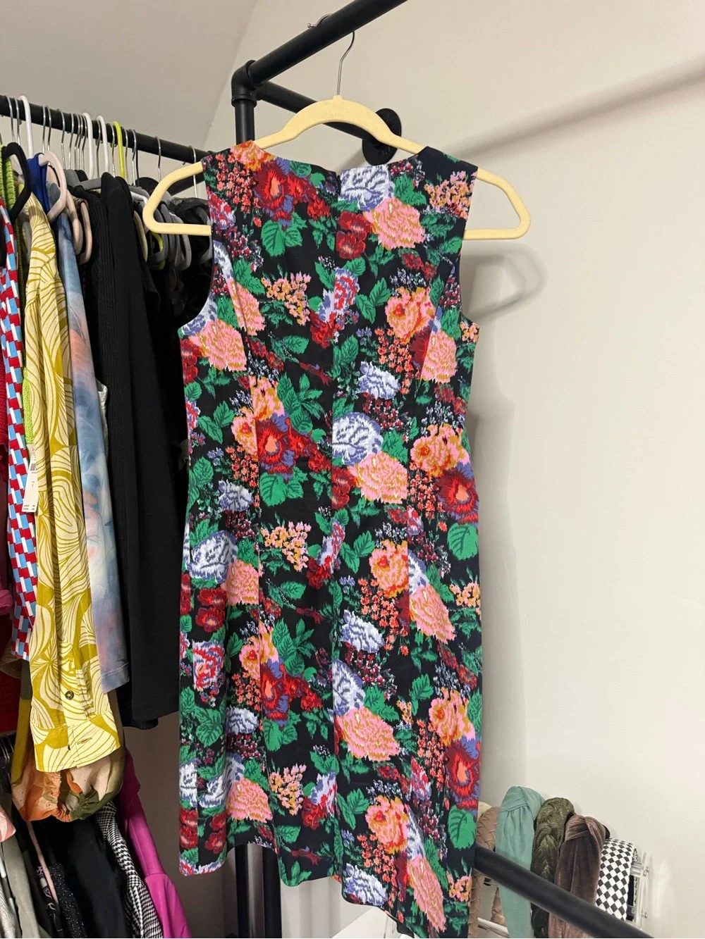J. Crew Black Floral Sheath Dress with Green and Coral Accents